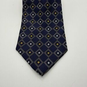 Paul Fredrick Navy Blue Diamond Pattern Silk Tie Yellow White Geometric